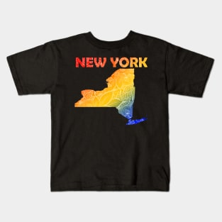 Colorful mandala art map of New York with text in blue, yellow, and red Kids T-Shirt